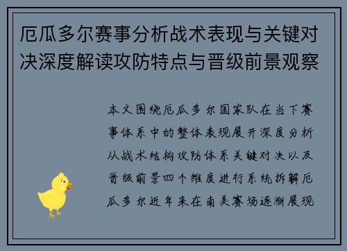 厄瓜多尔赛事分析战术表现与关键对决深度解读攻防特点与晋级前景观察